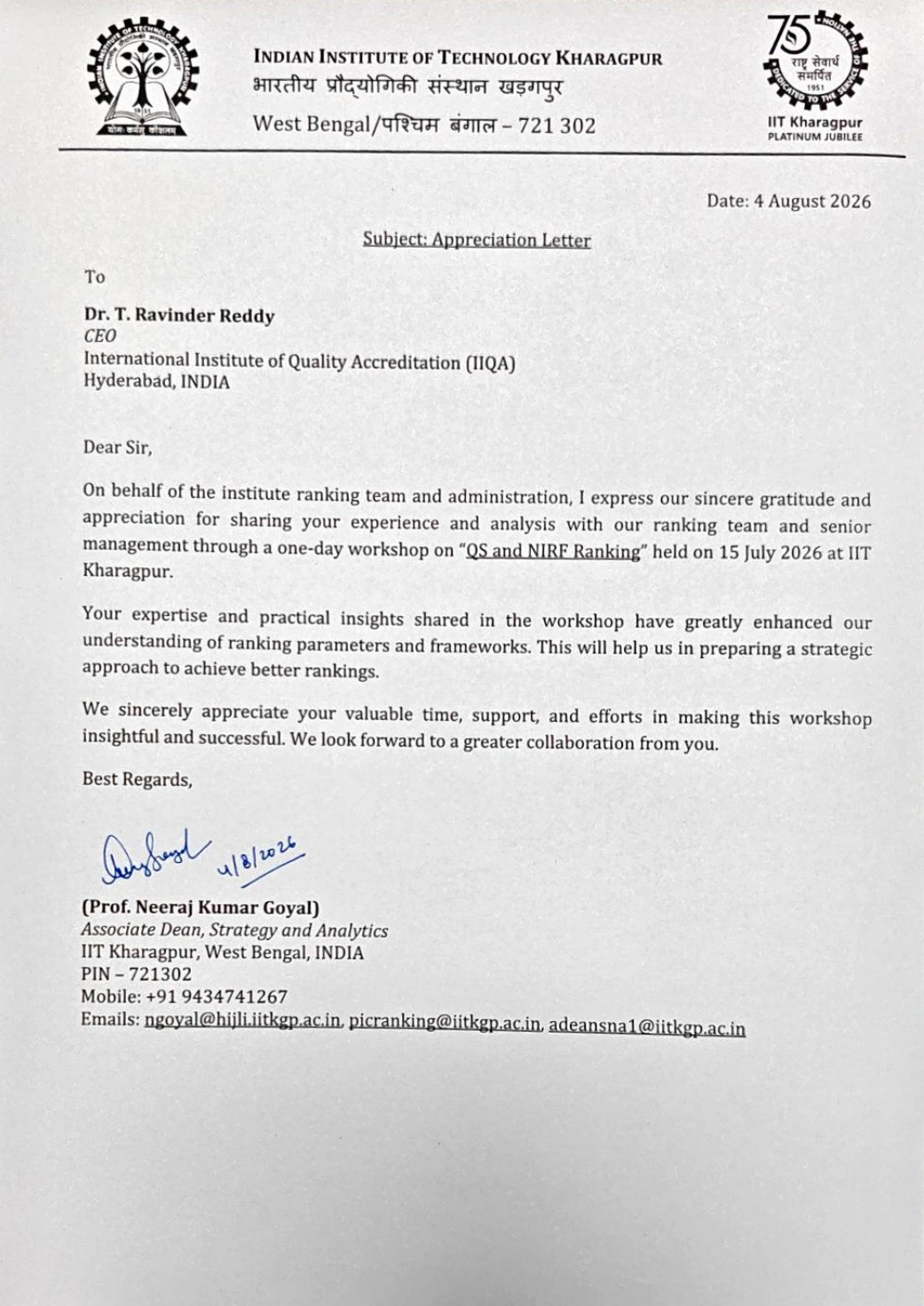 IIT Kharagpur — Strategy and Analytics appreciation letter
