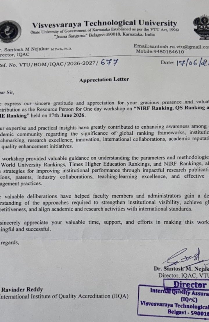 VTU, Belagavi appreciation letter