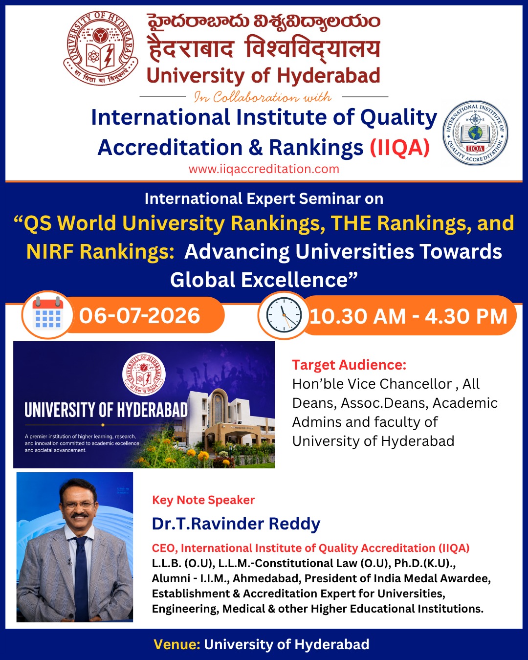 University of Hyderabad Hosts International Seminar on QS, THE & NIRF Rankings for Global Excellence