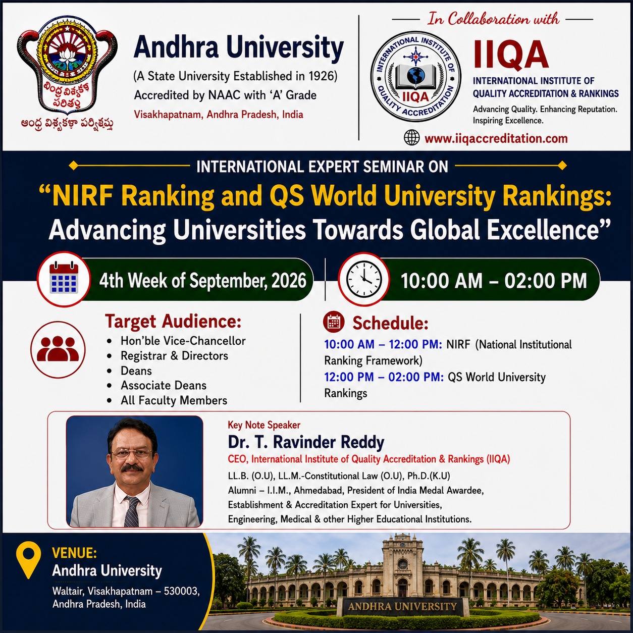 NIRF & QS World University Rankings Seminar at Andhra University in Collaboration with IIQA