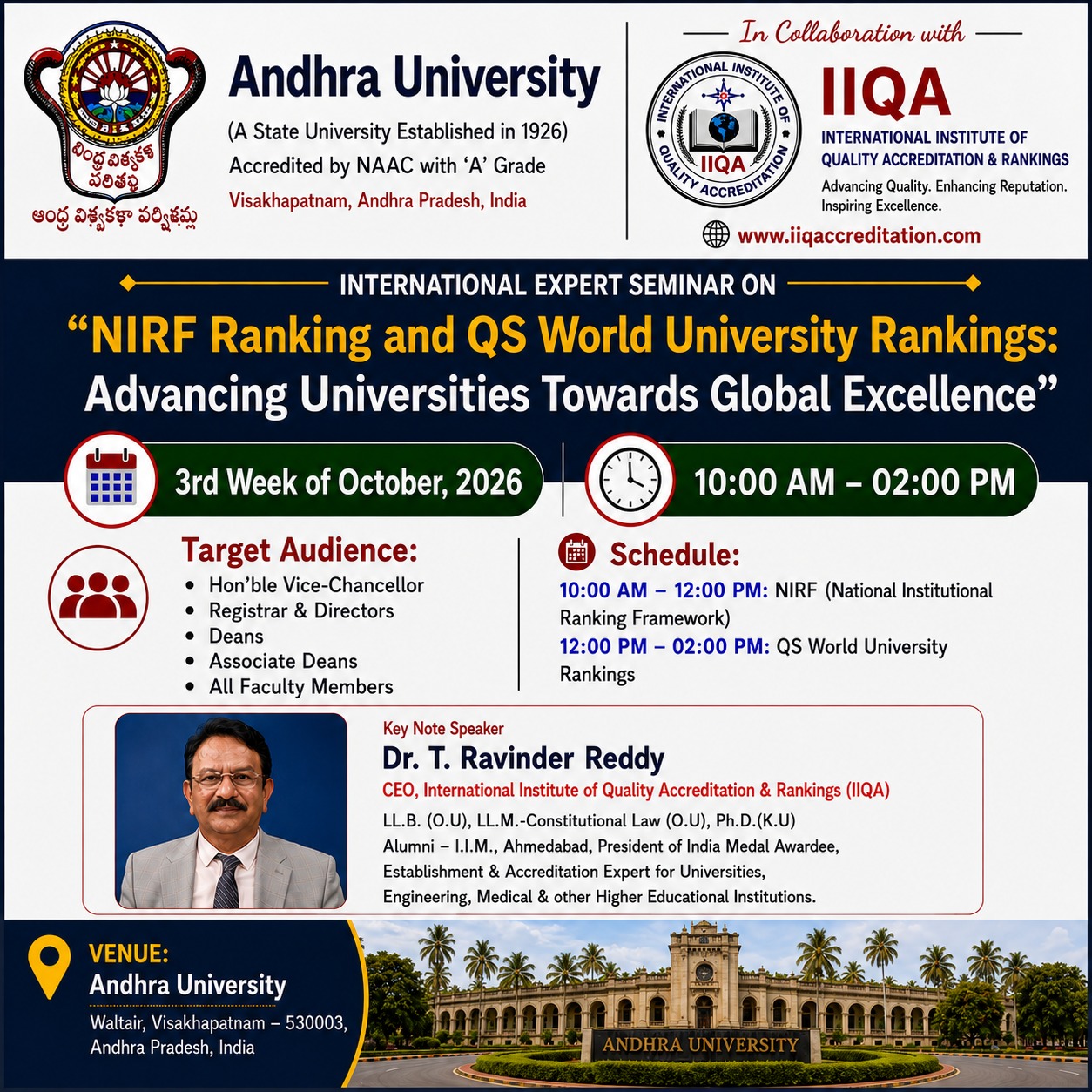 NIRF & QS World University Rankings Seminar at Andhra University in Collaboration with IIQA