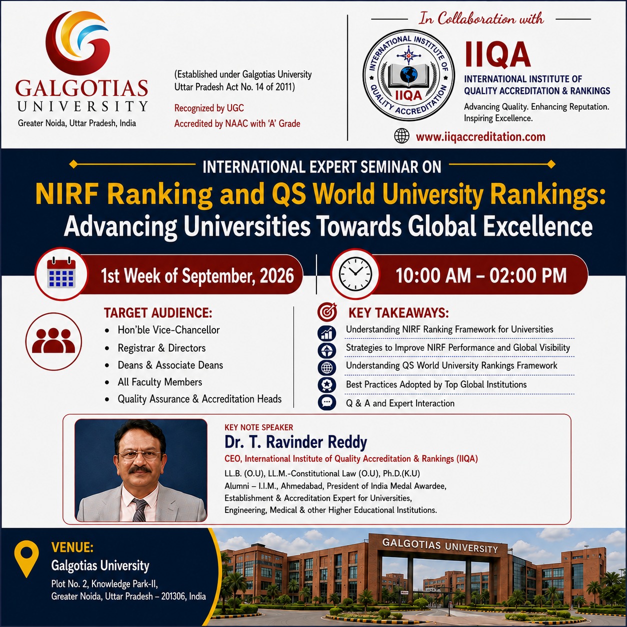 NIRF & QS World University Rankings Seminar at Galgotias University in Collaboration with IIQA