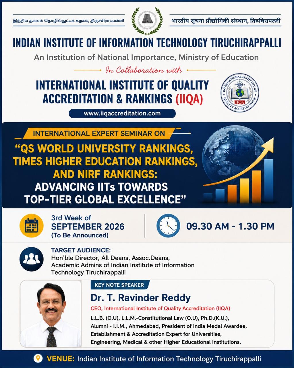 IIIT Tiruchirappalli & IIQA Host International Seminar on QS, THE & NIRF Rankings for Global Academic Excellence