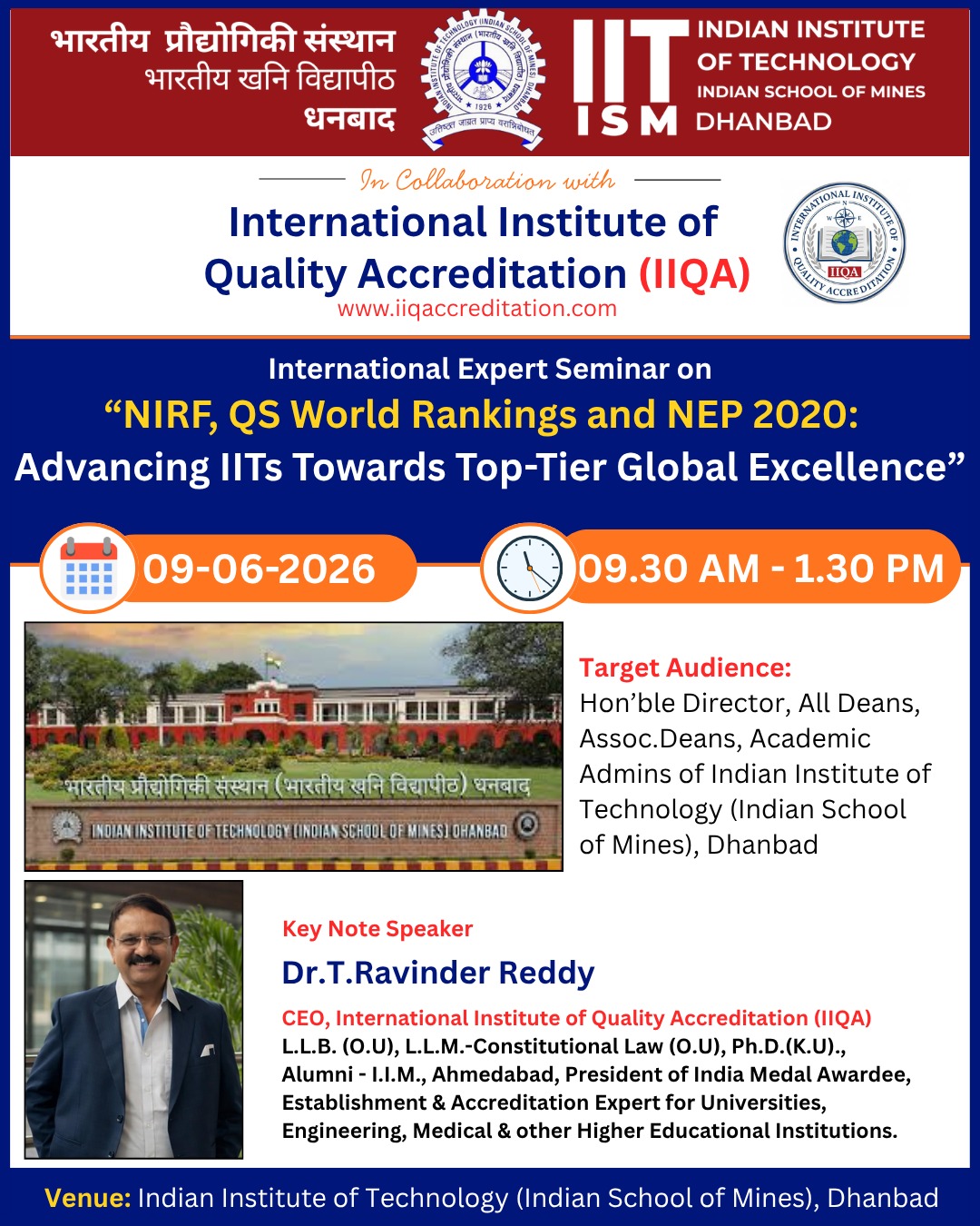 IIQA Accreditation Collaborates with IIT (ISM) Dhanbad for International Expert Seminar on NIRF, QS World Rankings and NEP 2020