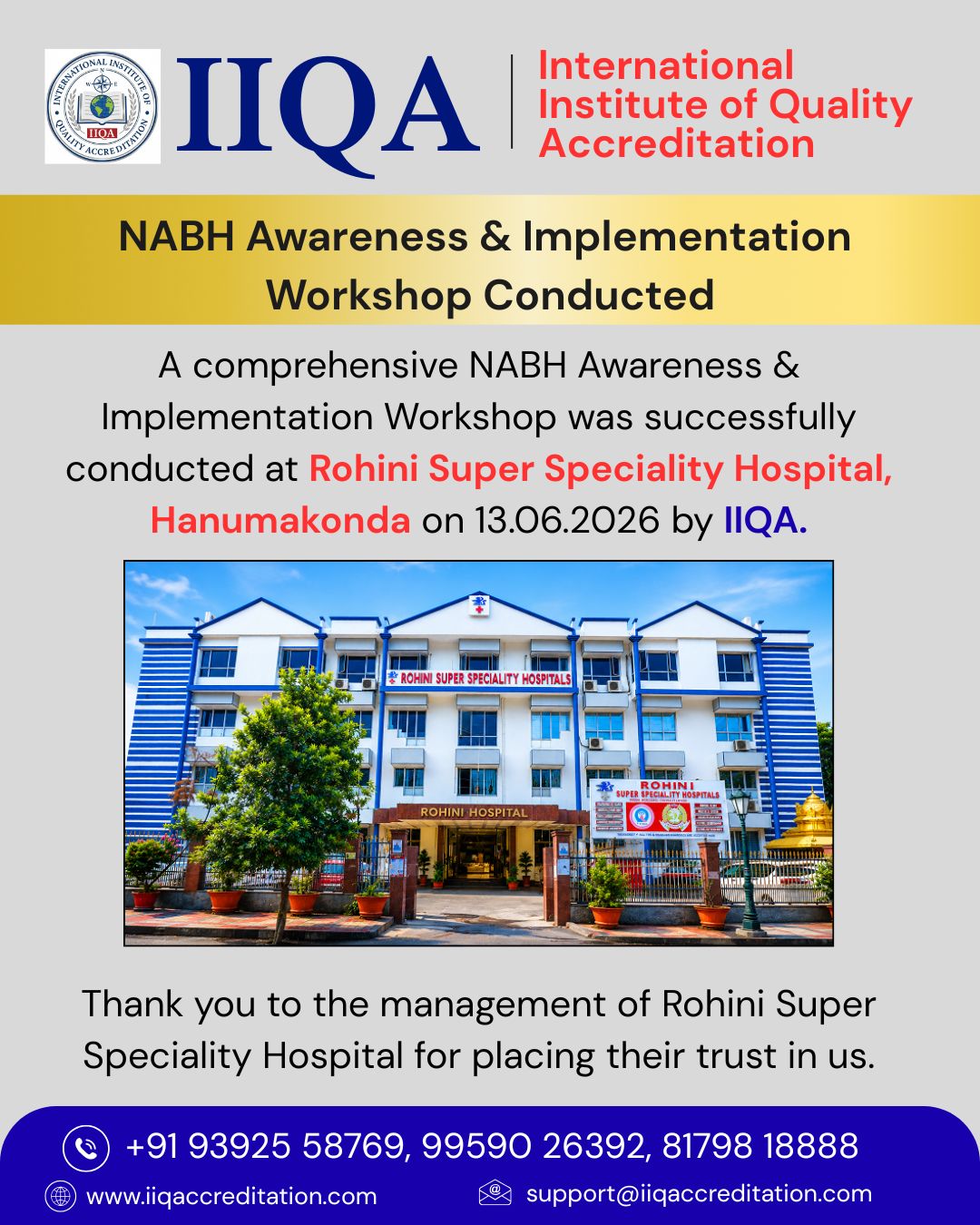 IIQA Conducts NABH Awareness & Implementation Workshop at Rohini Super Speciality Hospital, Hanumakonda