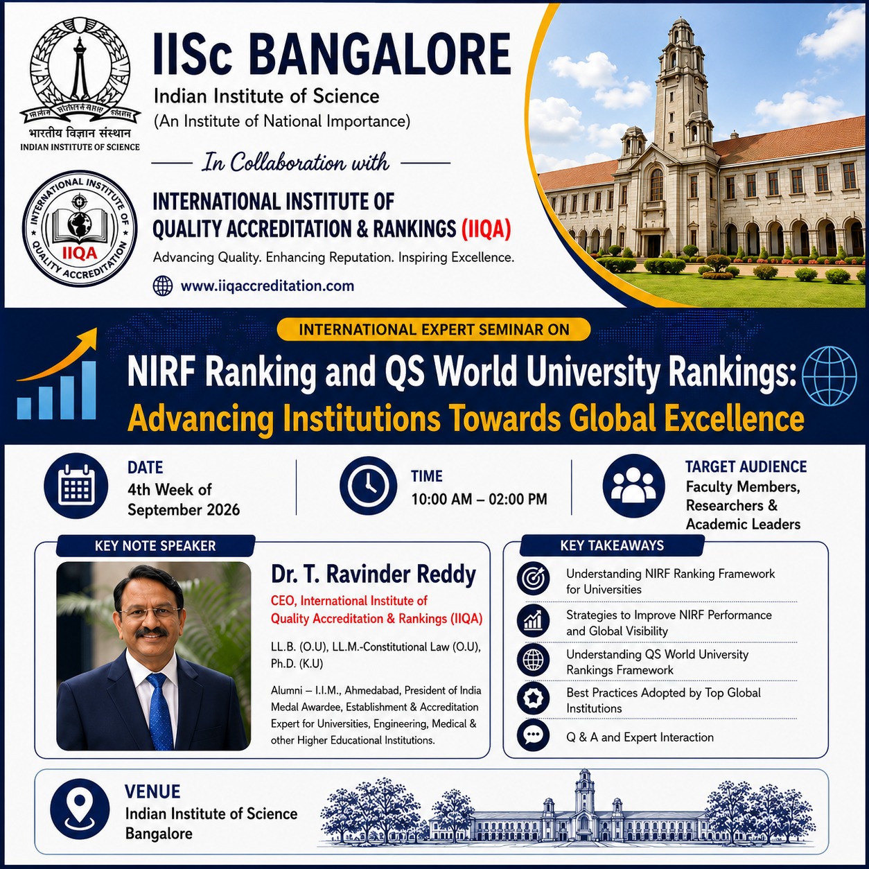 NIRF & QS World University Rankings Seminar at IISc Bangalore in Collaboration with IIQA