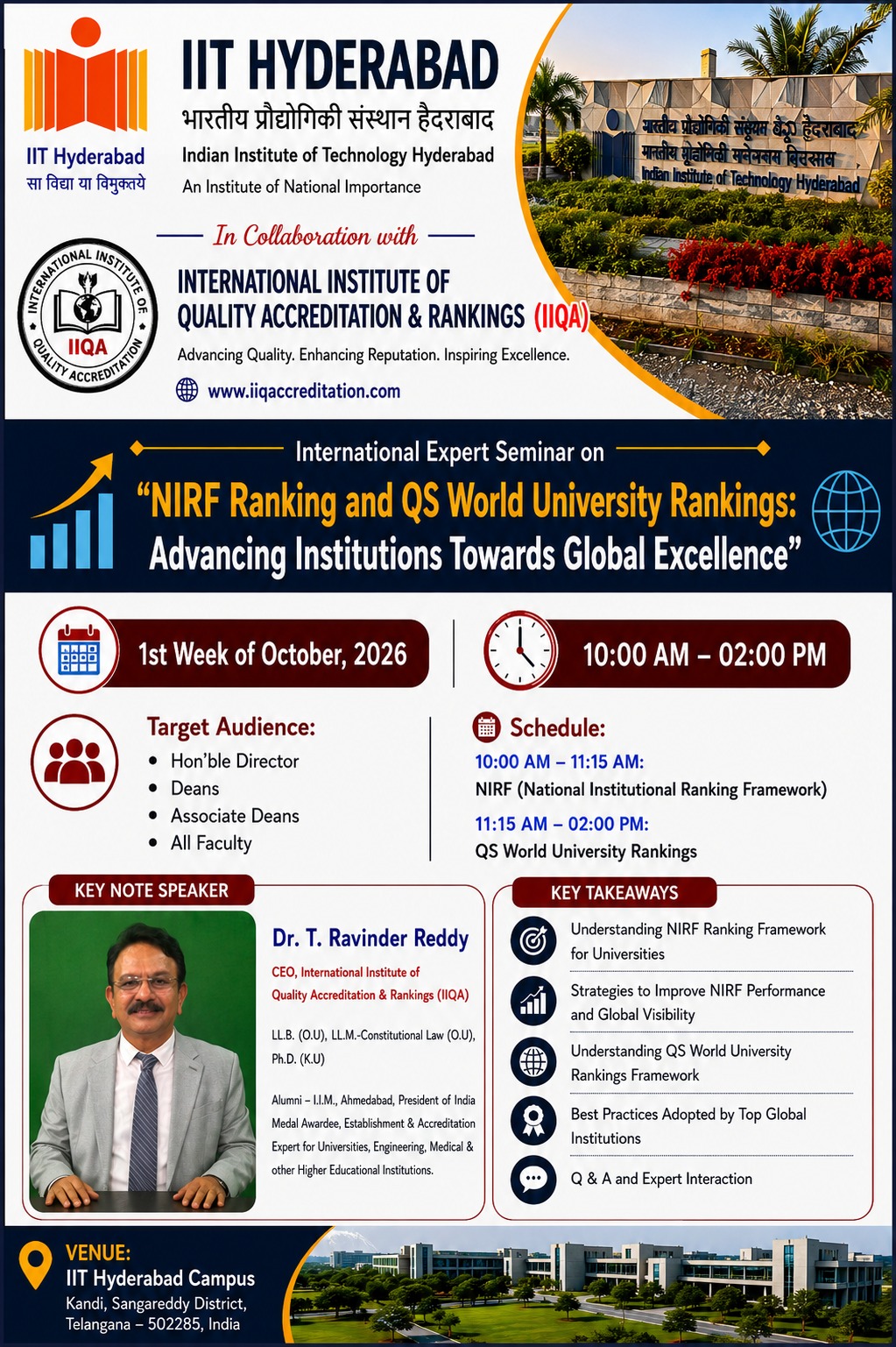 NIRF & QS World University Rankings Seminar at IIT Hyderabad in Collaboration with IIQA