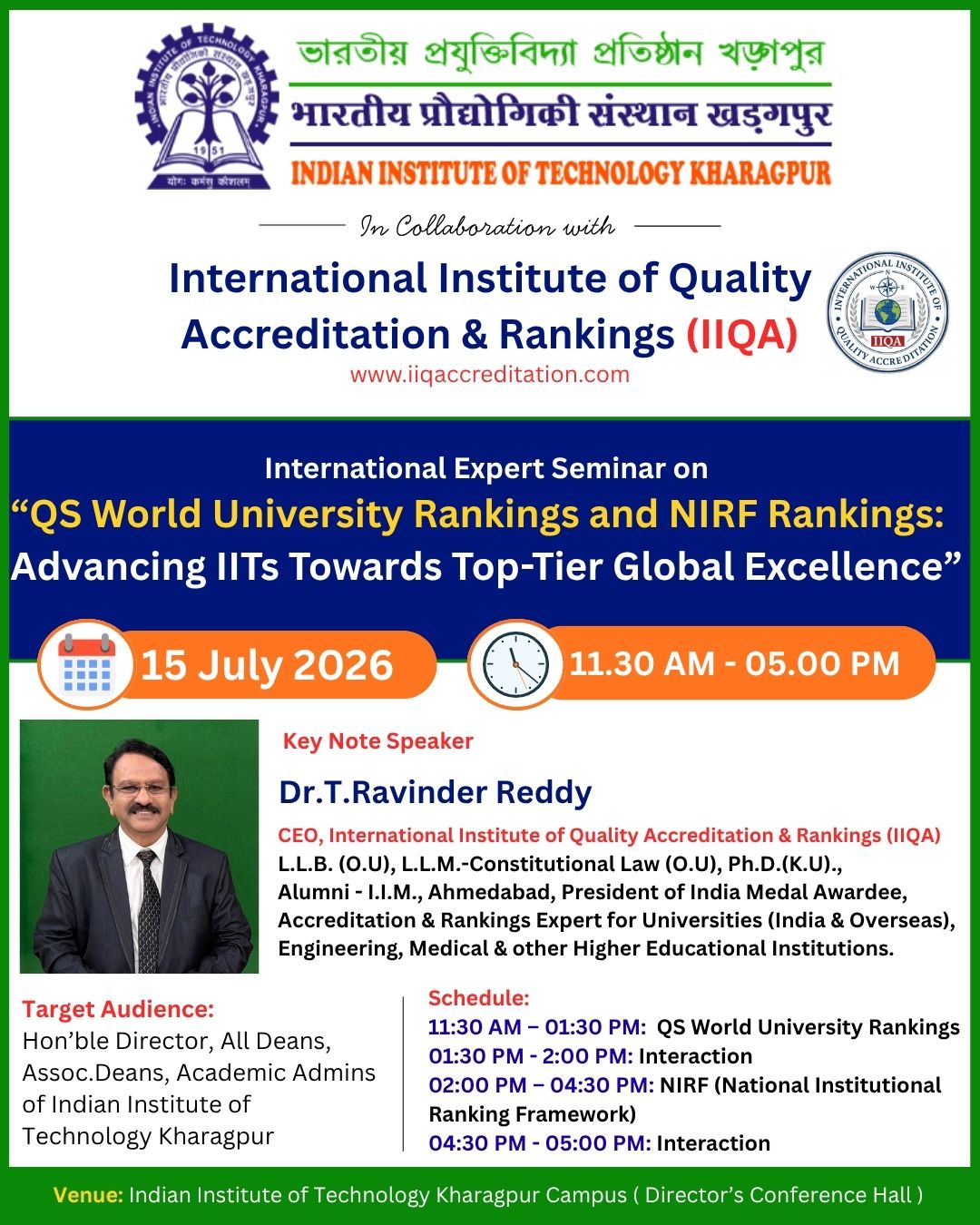 IIT Kharagpur and IIQA to Host International Expert Seminar on QS World University Rankings and NIRF Rankings: Advancing IITs Towards Top-Tier Global Excellence