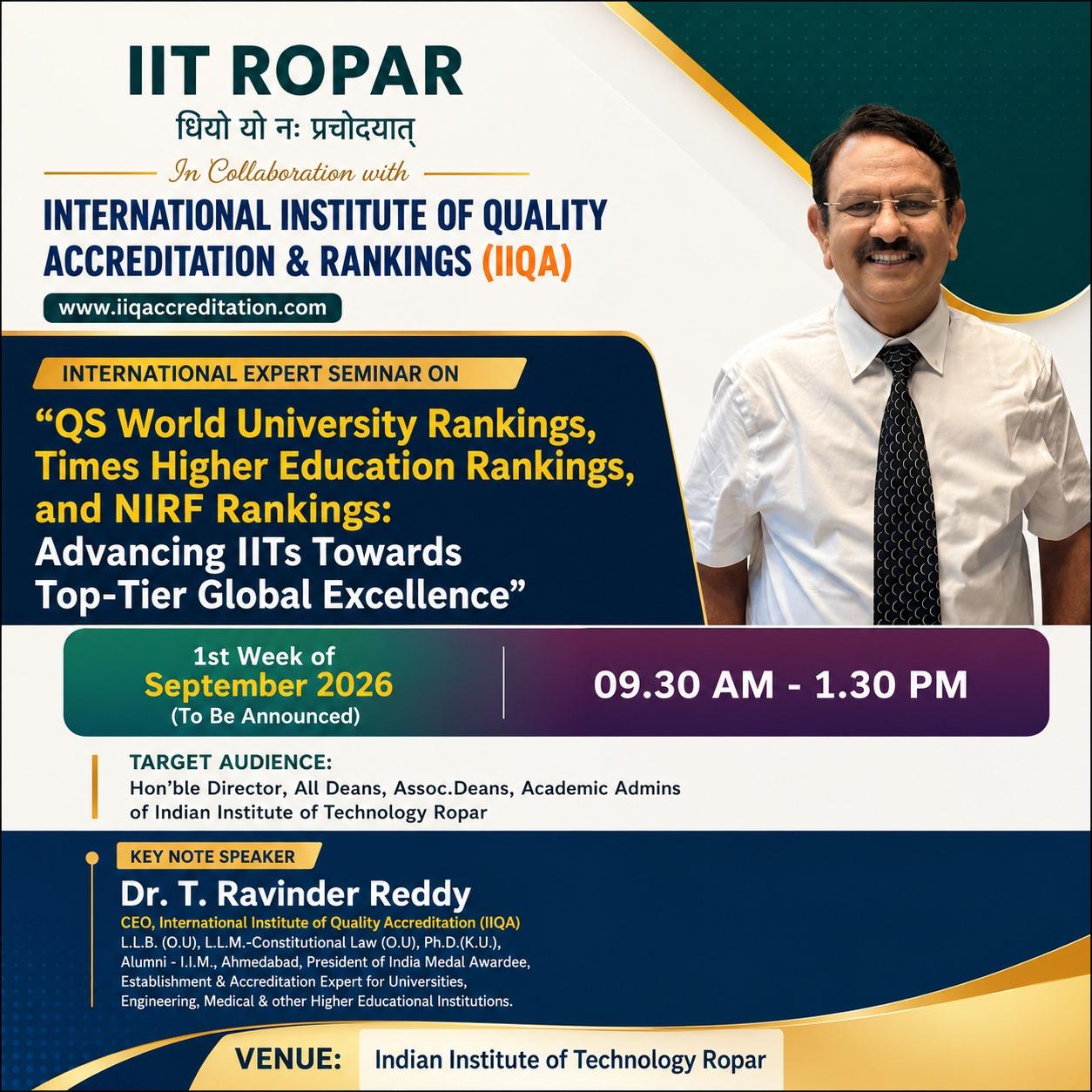 IIT Ropar & IIQA Host International Seminar on QS, THE & NIRF Rankings for Global Academic Excellence