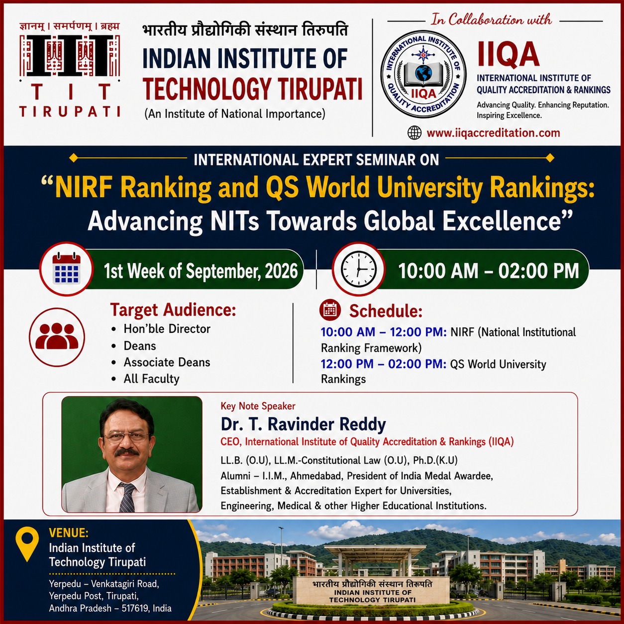 NIRF & QS World University Rankings Seminar at IIT Tirupati in Collaboration with IIQA