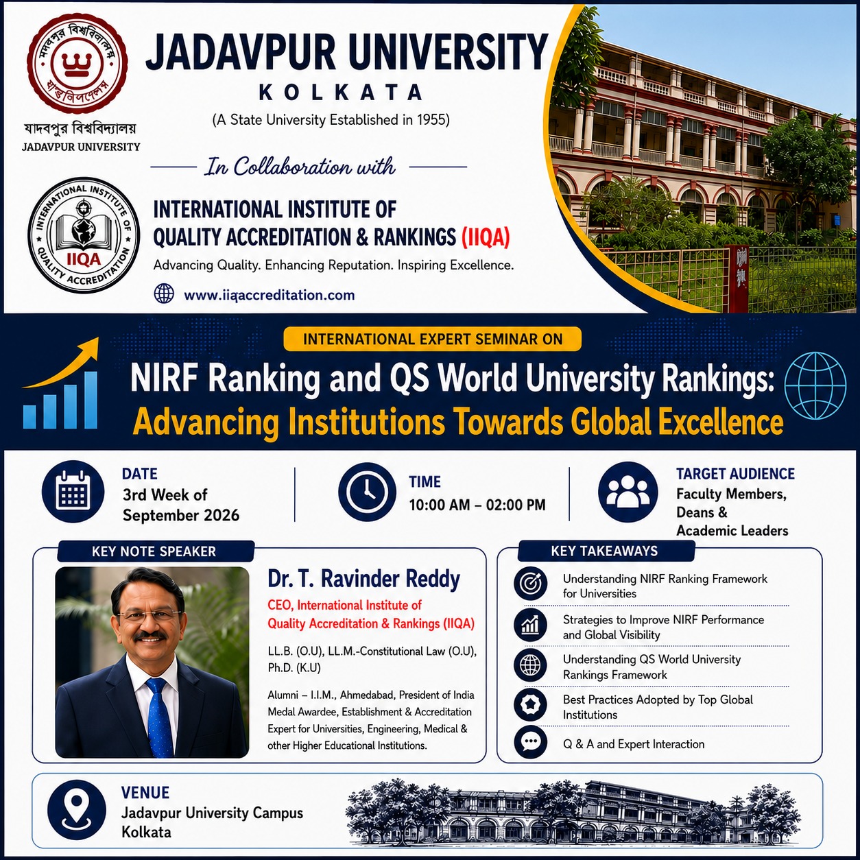 NIRF & QS World University Rankings Seminar at Jadavpur University in Collaboration with IIQA
