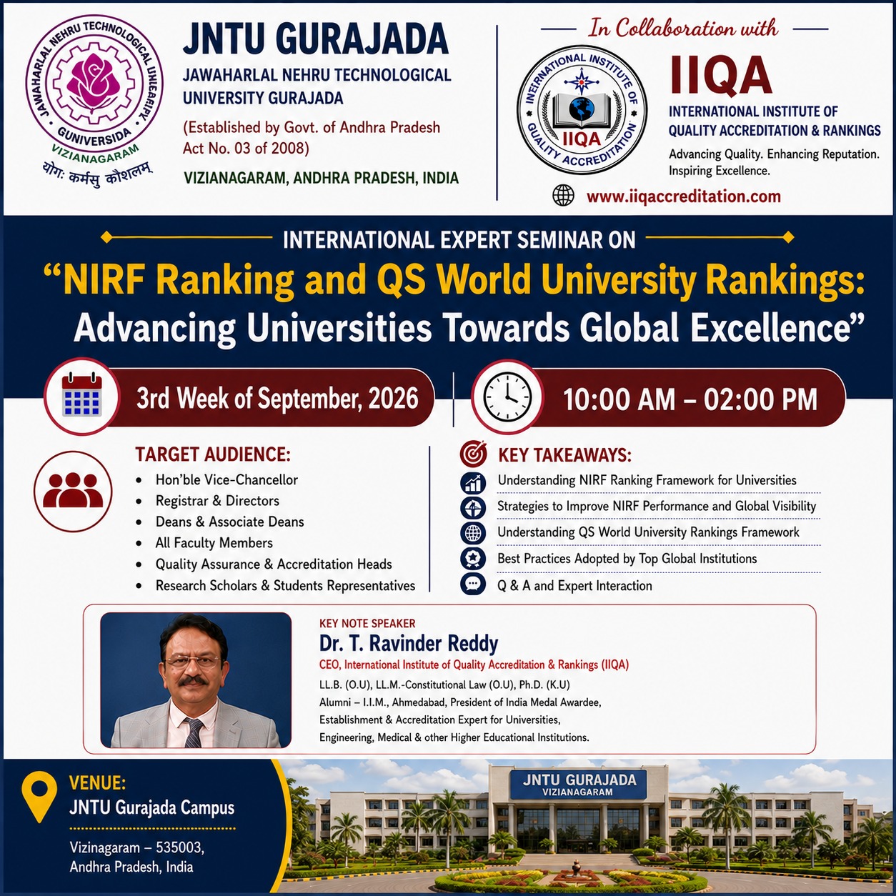 NIRF & QS World University Rankings Seminar at JNTU Gurajada in Collaboration with IIQA