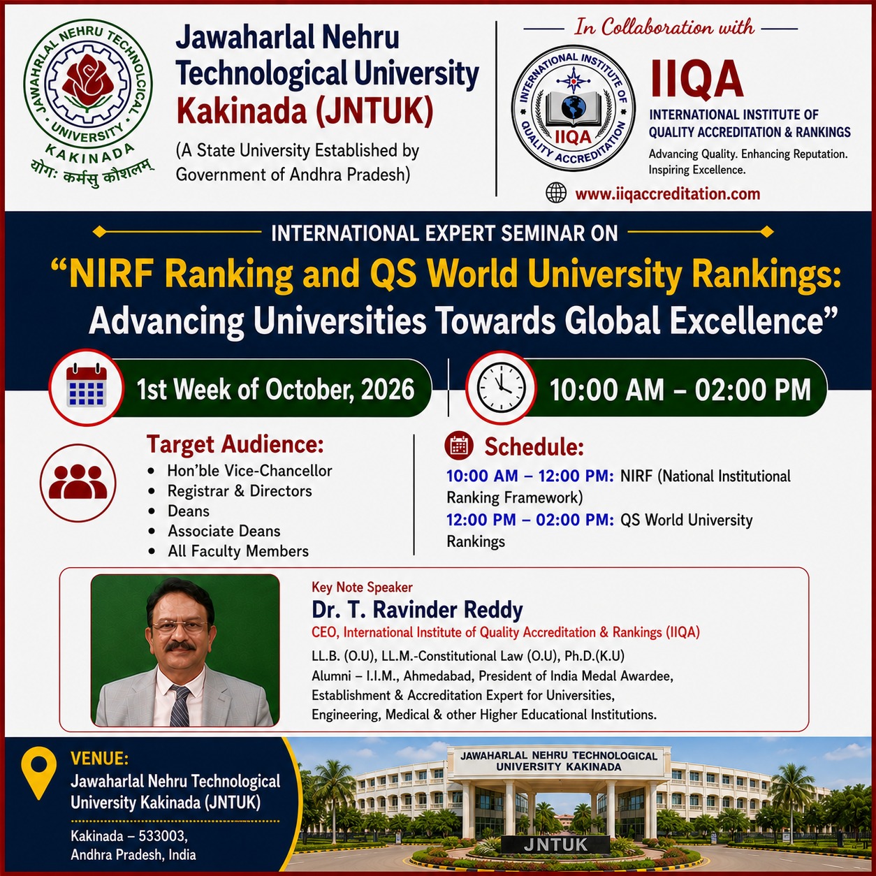 NIRF & QS World University Rankings Seminar at JNTU Kakinada in Collaboration with IIQA