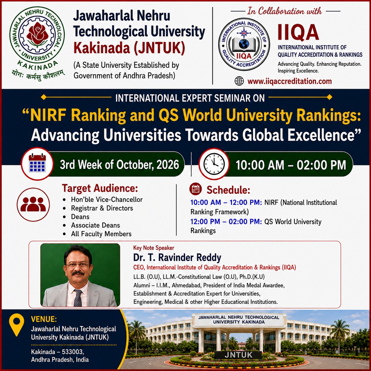 NIRF & QS World University Rankings Seminar at JNTU Kakinada in Collaboration with IIQA