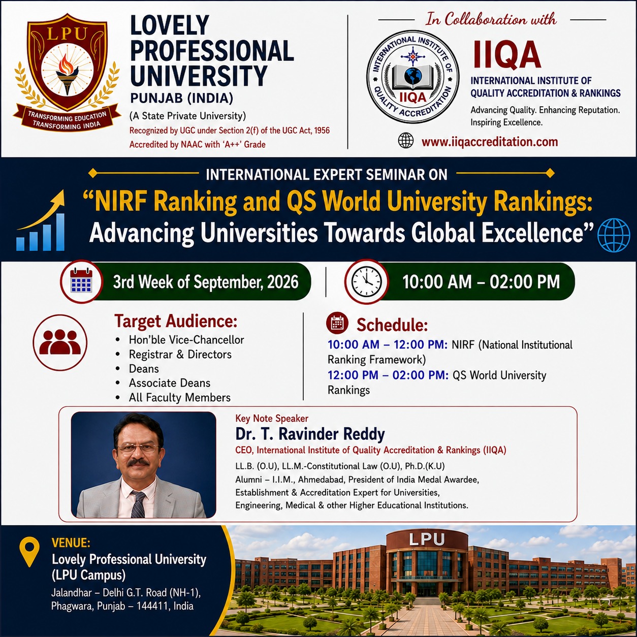 NIRF & QS World University Rankings Seminar at LPU in Collaboration with IIQA