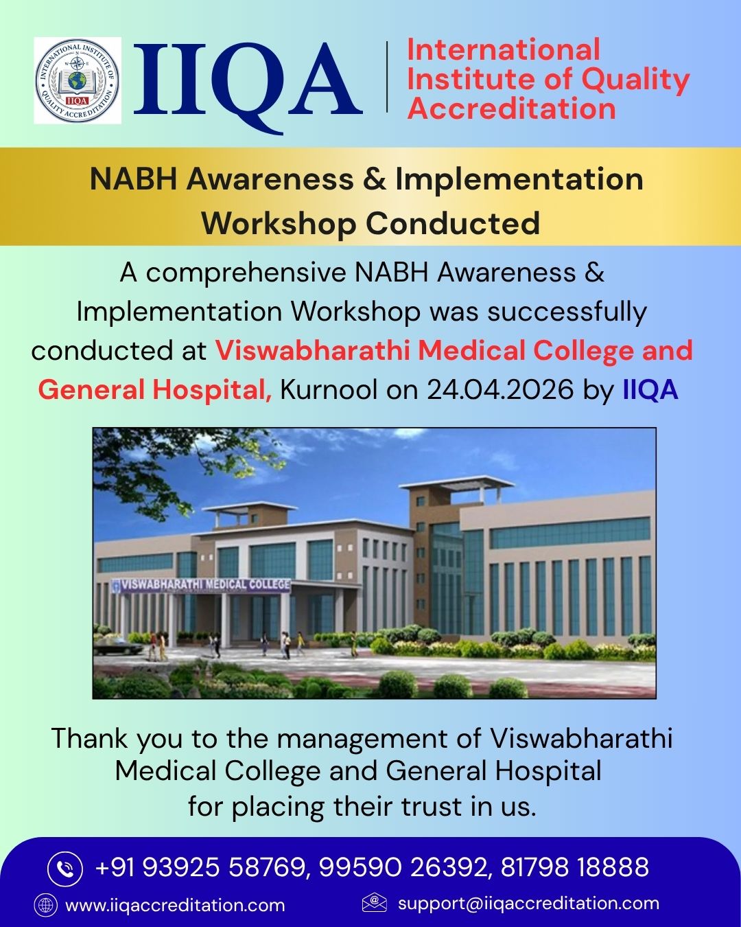 IIQA Conducts NABH Awareness & Implementation Workshop at Viswabharathi Medical College and General Hospital, Kurnool