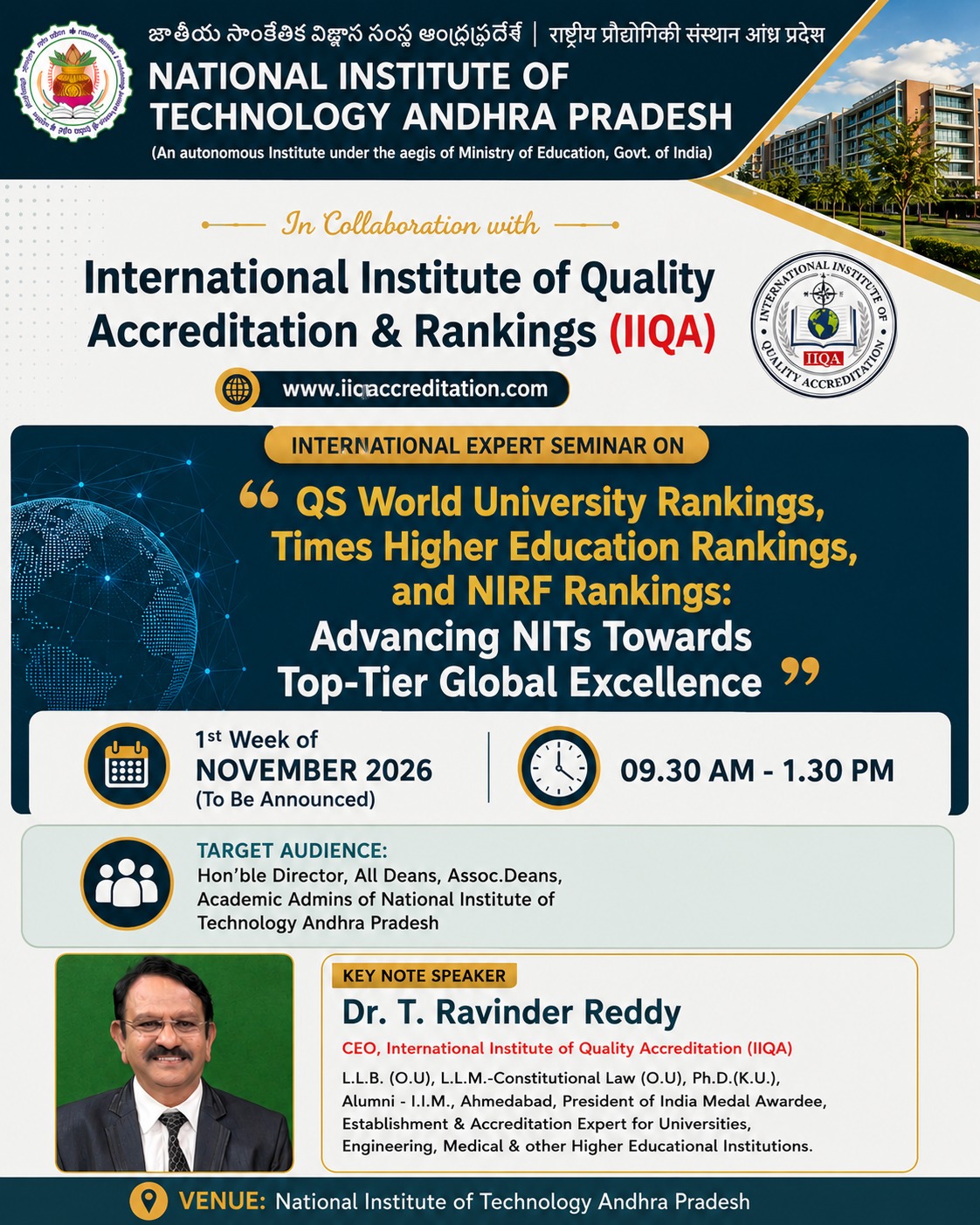 NIT Andhra Pradesh & IIQA Host International Seminar on QS, THE & NIRF Rankings for Global Academic Excellence