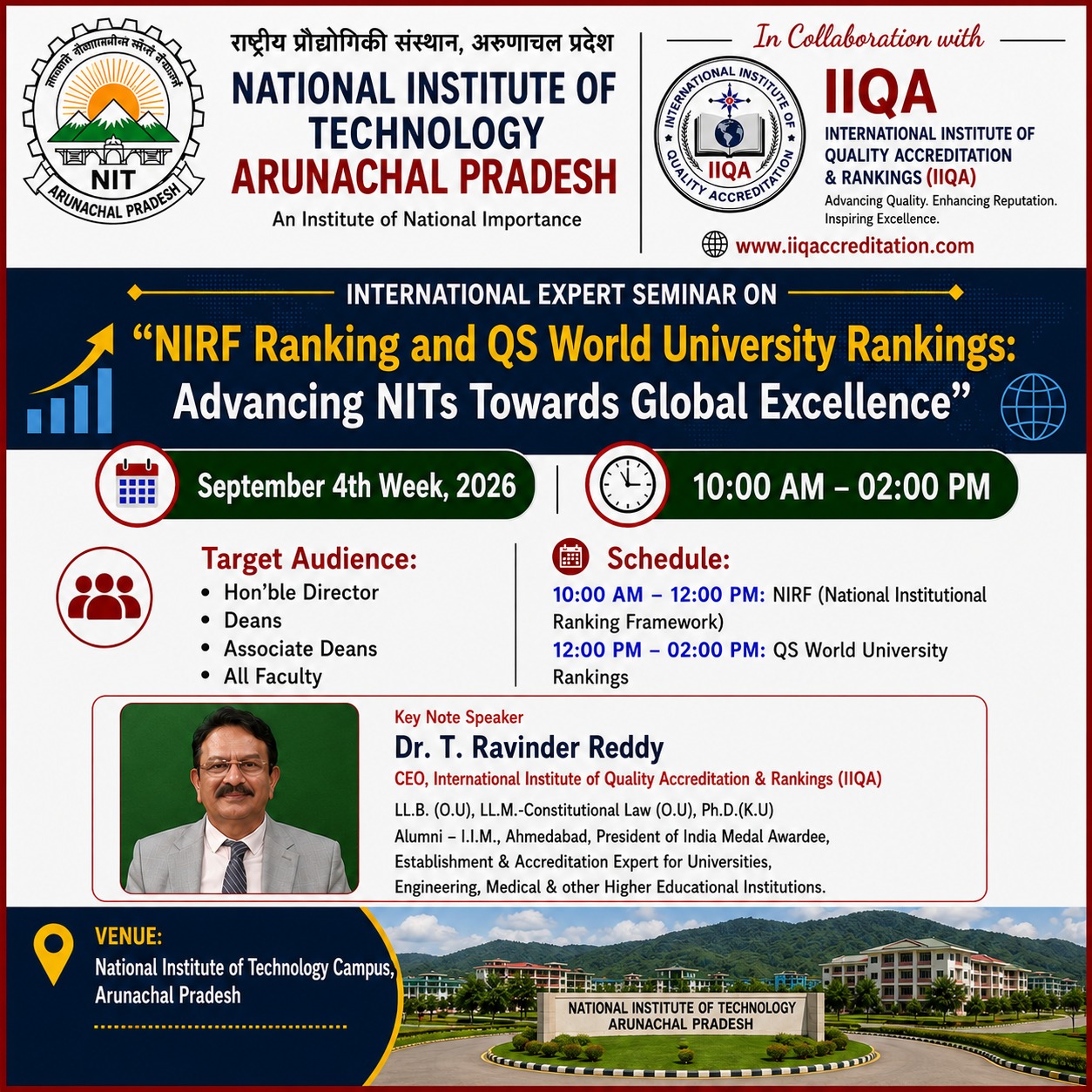 NIRF & QS World University Rankings Seminar at NIT Arunachal Pradesh in Collaboration with IIQA
