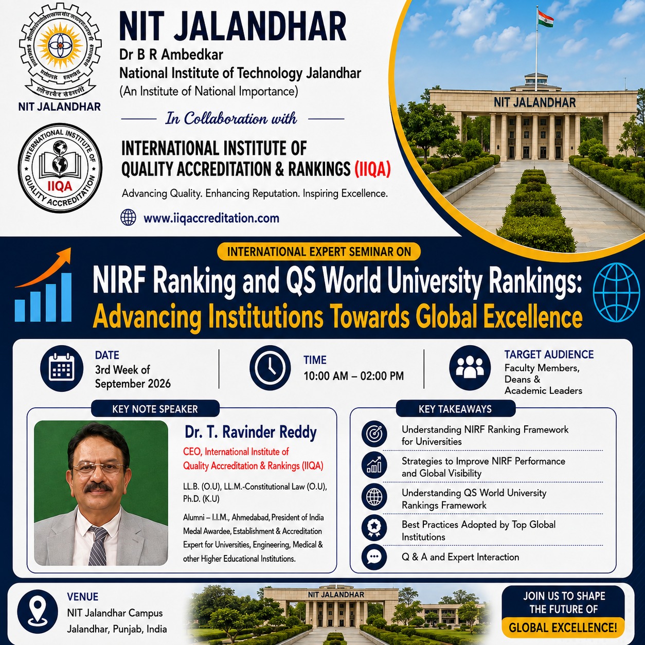 NIRF & QS World University Rankings Seminar at NIT Jalandhar in Collaboration with IIQA