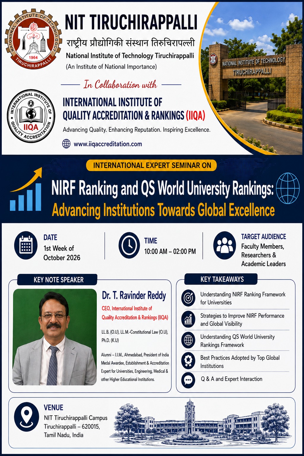 NIRF & QS World University Rankings Seminar at NIT Tiruchirappalli in Collaboration with IIQA