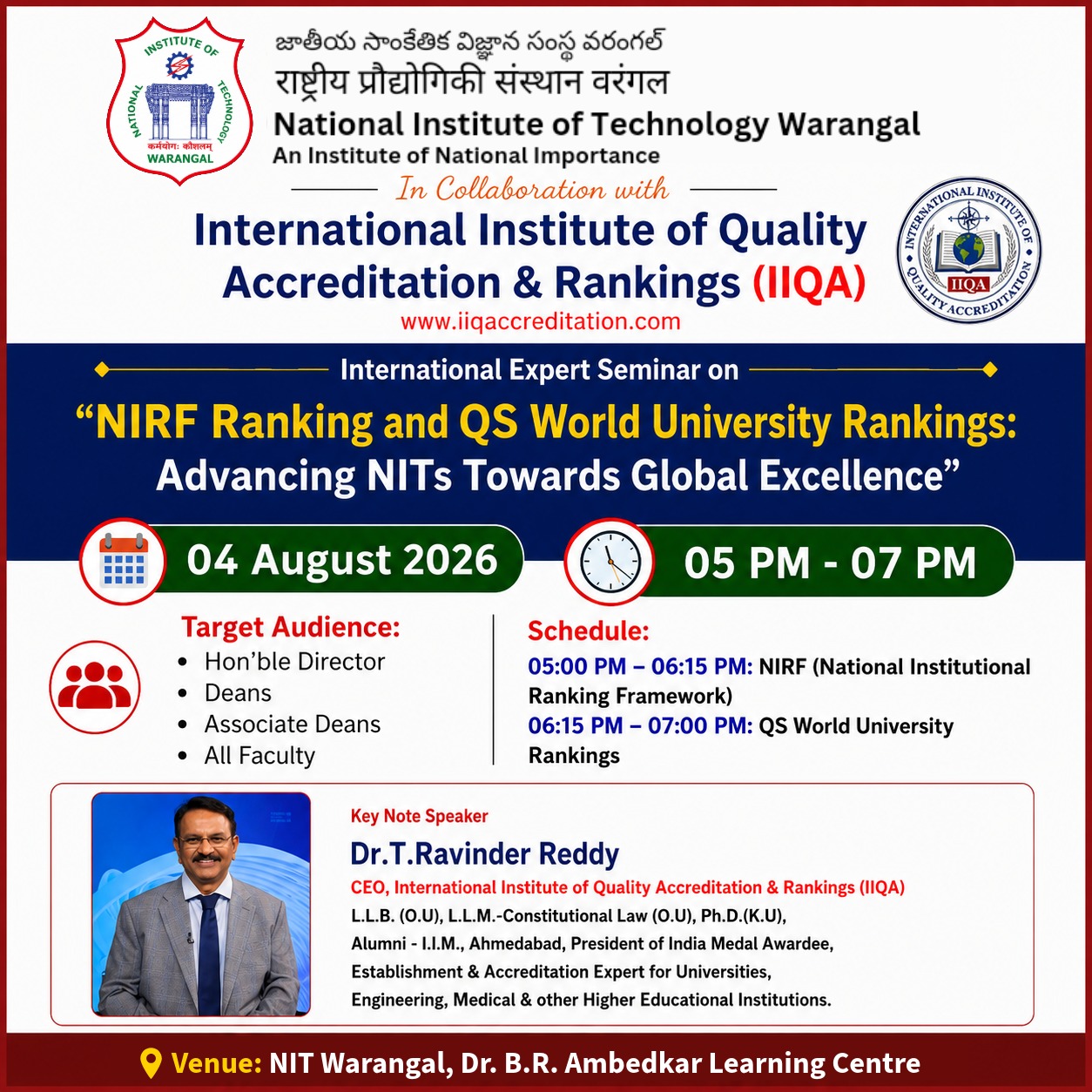 NIT Warangal and IIQA to Host International Expert Seminar on QS World University Rankings, & NIRF Rankings: Advancing NITs Towards Global Excellence