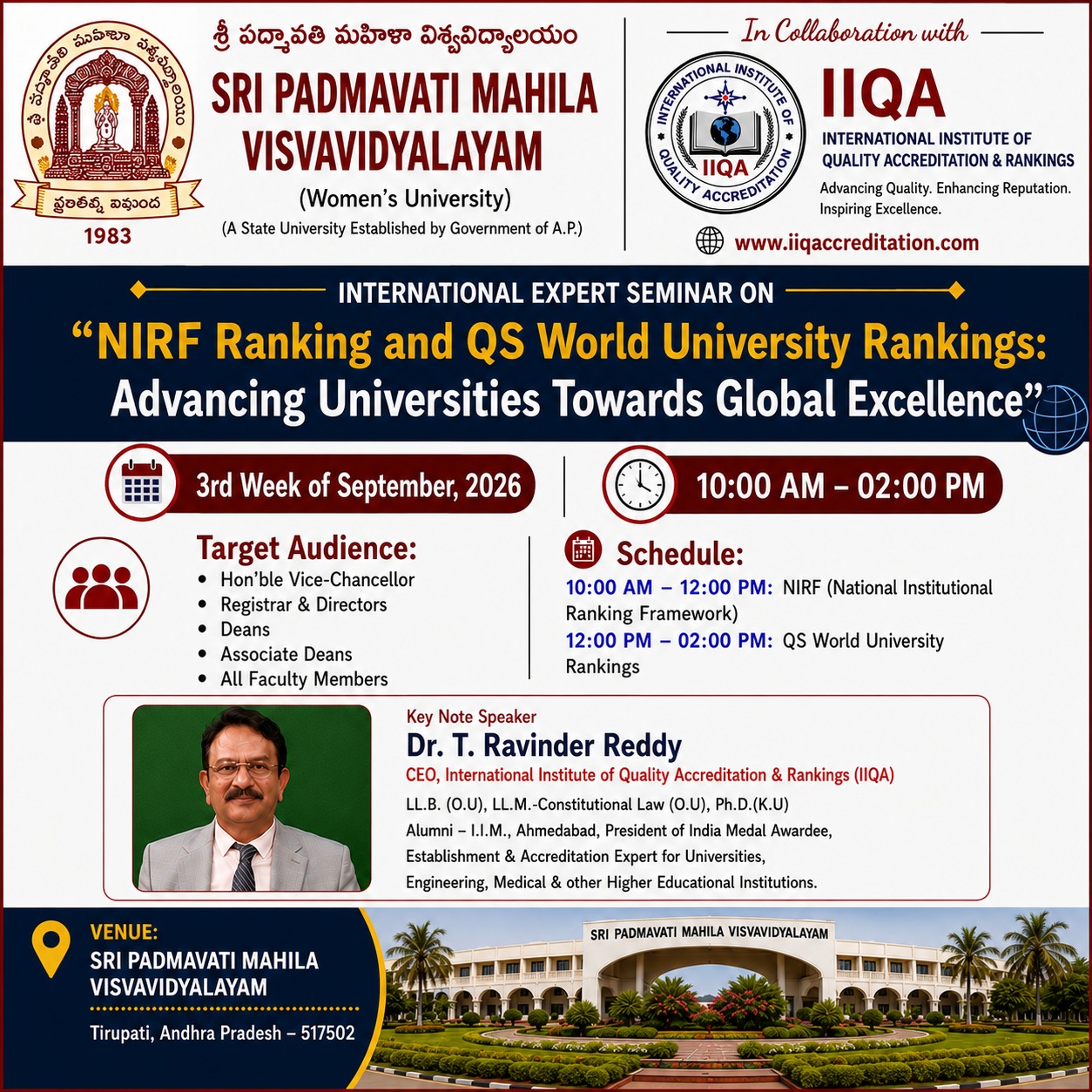 NIRF & QS World University Rankings Seminar at Sri Padmavati Mahila Visvavidyalayam in Collaboration with IIQA