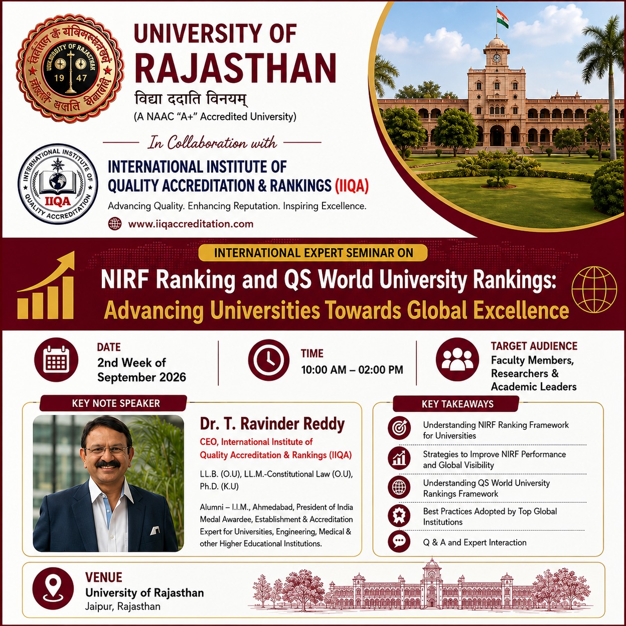 University of Rajasthan & IIQA to Host Expert Seminar on NIRF & QS World University Rankings